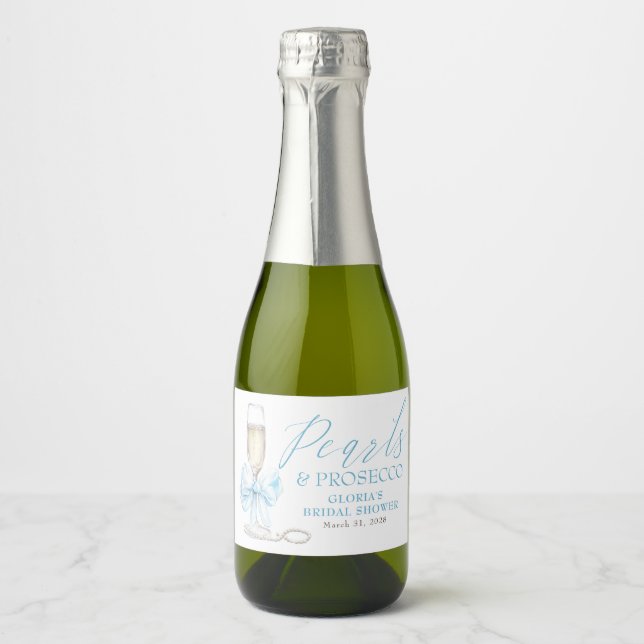 Étiquettes Pour Bouteilles De Vin Mousseux Pearls & Prosecco Bridal Shower Blue Bow  (Devant)