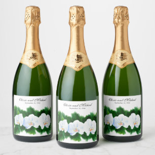 Étiquettes Pour Bouteilles De Vin Mousseux Peinture florale à l'aquarelle d'orchidées blanche