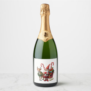 Étiquettes Pour Bouteilles De Vin Mousseux Père Noël Gnome Lumière de Noël Chevauchant le Tra