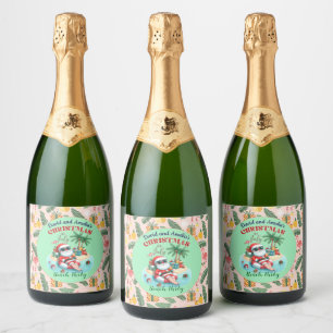 Étiquettes Pour Bouteilles De Vin Mousseux Père Noël sur une île tropicale Noël à la fête de