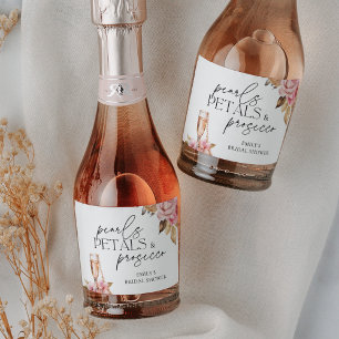 Étiquettes Pour Bouteilles De Vin Mousseux Perles Pétales et Prosecco Fête des mariées Floral