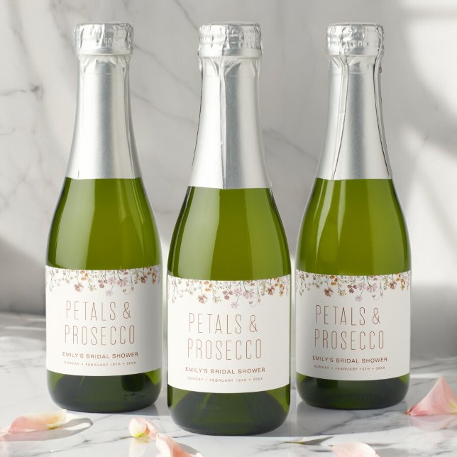 Étiquettes Pour Bouteilles De Vin Mousseux Pétales et Prosecco Réception de Mariage Champêtre (Créateur téléchargé)