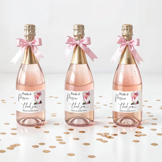 Étiquettes Pour Bouteilles De Vin Mousseux Pétales et prosecco rose tendre Fleurs de mariage (Créateur téléchargé)