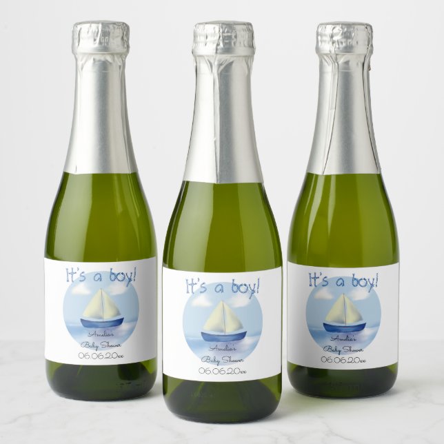 Étiquettes Pour Bouteilles De Vin Mousseux Petit Baby shower Blue Sailboat Boys (Bouteilles)
