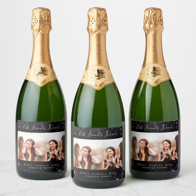 Étiquettes Pour Bouteilles De Vin Mousseux Photo d'amitié éternelle avec paillettins noirs et (Bouteilles)