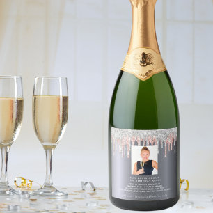 Étiquettes Pour Bouteilles De Vin Mousseux Photo d'anniversaire argent parties scintillant ro