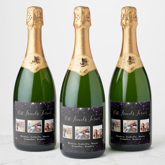 Étiquettes Pour Bouteilles De Vin Mousseux Photo de amis pour toujours paillettes noires viol (Bouteilles)
