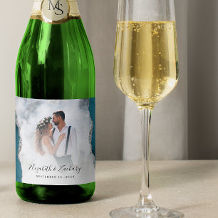Étiquettes Pour Bouteilles De Vin Mousseux Photo de mariage agate sarcelle argenté