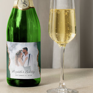 Étiquettes Pour Bouteilles De Vin Mousseux Photo de mariage Émeraude Vert Agate Or