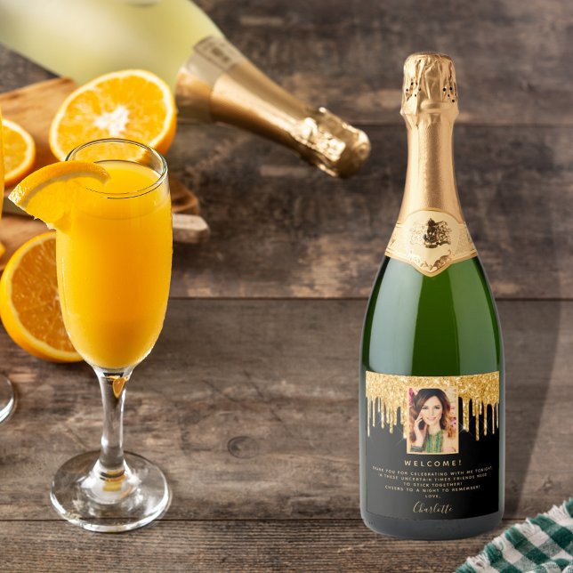 Étiquettes Pour Bouteilles De Vin Mousseux Photo fête d'anniversaire parties scintillant noir (Créateur téléchargé)