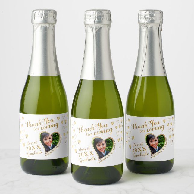 Étiquettes Pour Bouteilles De Vin Mousseux Photo White Gold Merci 2023 Graduation Favor (Bouteilles)