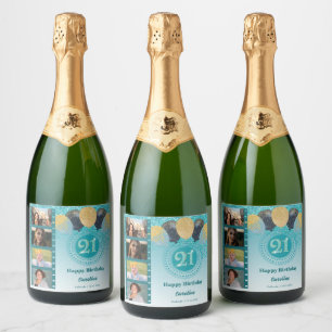 Étiquettes Pour Bouteilles De Vin Mousseux Photos, 21e anniversaire Parties scintillant bleue