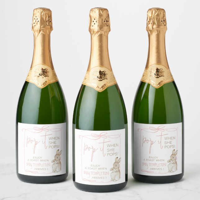 Étiquettes Pour Bouteilles De Vin Mousseux Pierre rose le lapin Beatrix Baby shower fille (Bouteilles)