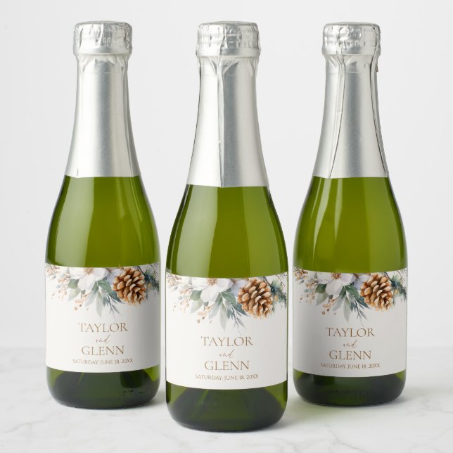 Étiquettes Pour Bouteilles De Vin Mousseux Pine d'hiver Fleur Floral Jardin Mariage (Bouteilles)