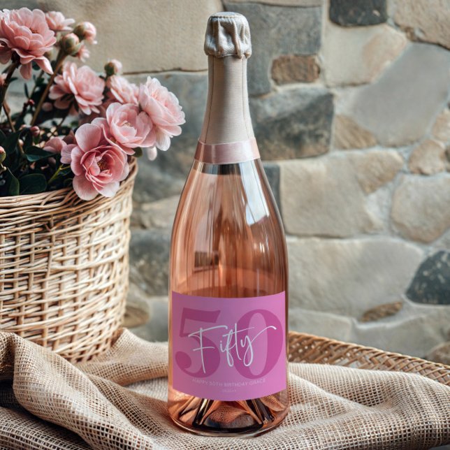 Étiquettes Pour Bouteilles De Vin Mousseux Pink Cinquante 50e Cinquantième anniversaire fête  (Créateur téléchargé)