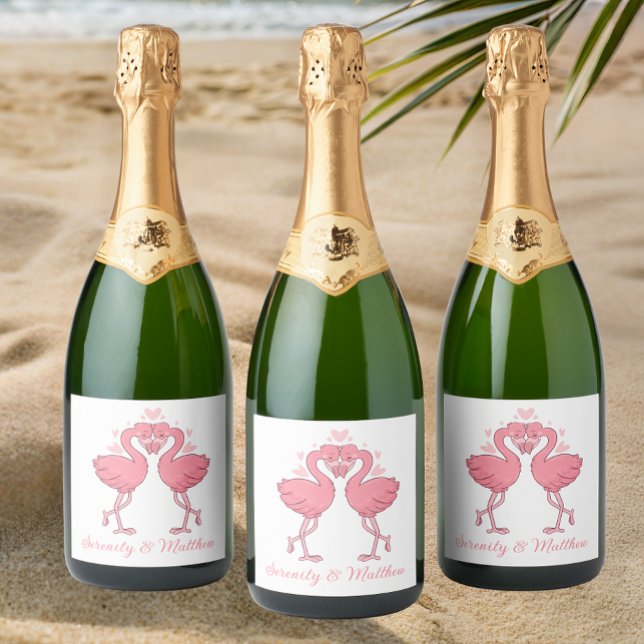 Étiquettes Pour Bouteilles De Vin Mousseux Pink Flamingos Tropical Summer Beach Wedding (Créateur téléchargé)