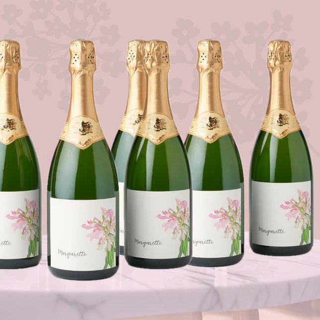 Étiquettes Pour Bouteilles De Vin Mousseux Pink Orchid Floral Design – Elegant Botanical Art (Créateur téléchargé)