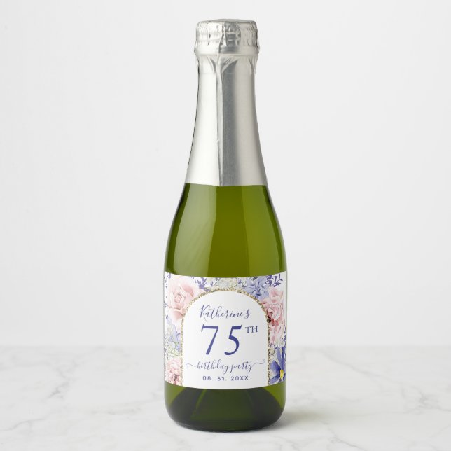 Étiquettes Pour Bouteilles De Vin Mousseux Pink Purple Floral 75e fête d'anniversaire (Devant)