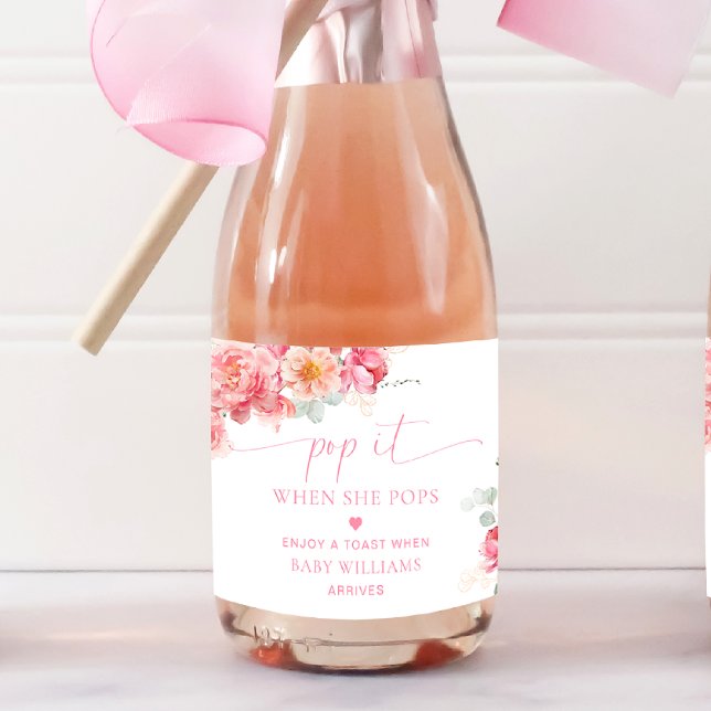 Étiquettes Pour Bouteilles De Vin Mousseux Piper Peony Baby shower Floral Pop It (Pop It Baby Shower Champagne Label Piper Peony)