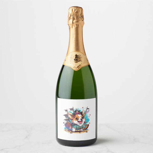 Étiquettes Pour Bouteilles De Vin Mousseux Pirate de Chien de Corgi (Devant)