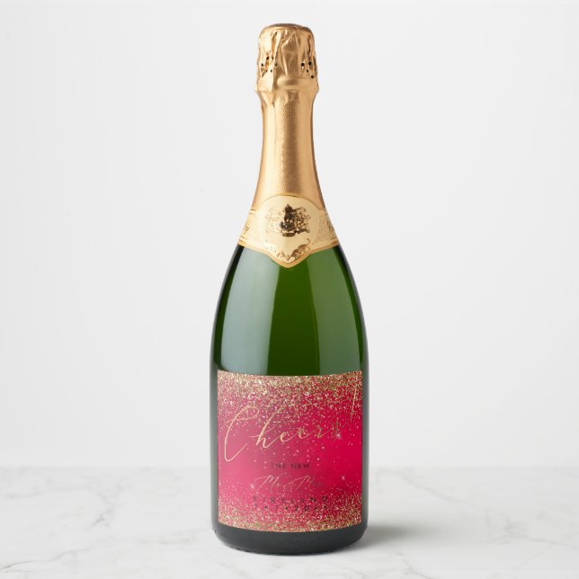 Étiquettes Pour Bouteilles De Vin Mousseux PixDezines Tchin-Tchin Noël Paillettes Rouge+Or (Devant)
