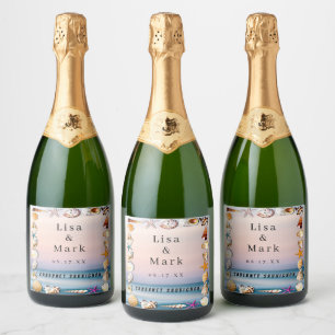 Étiquettes Pour Bouteilles De Vin Mousseux Plage De Sable Tropical Et Coquillages Vins Étique