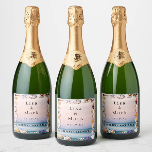 Étiquettes Pour Bouteilles De Vin Mousseux Plage De Sable Tropical Et Coquillages Vins Étique (Bouteilles)