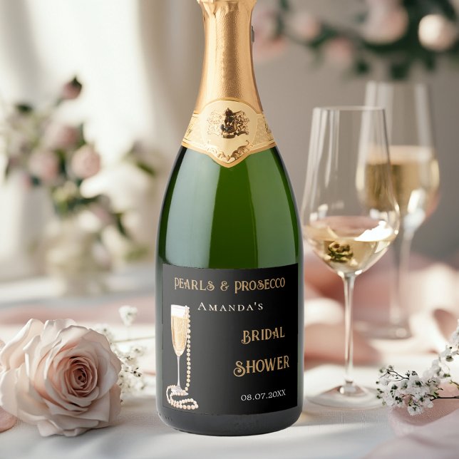 Étiquettes Pour Bouteilles De Vin Mousseux Pluie de douche nuptiale perles roses prosecco (Créateur téléchargé)