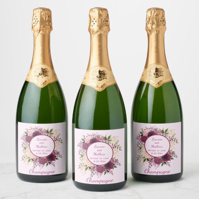 Étiquettes Pour Bouteilles De Vin Mousseux Plum romantique Bourgogne, rose pâle Personnalisé (Bouteilles)
