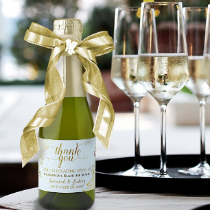 Étiquettes Pour Bouteilles De Vin Mousseux Poudre Bleu & Gold Frills Mariage Mini Merci