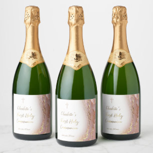 Étiquettes Pour Bouteilles De Vin Mousseux première communion de marbre rose