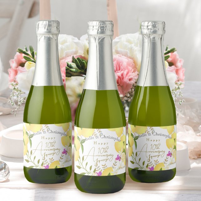 Étiquettes Pour Bouteilles De Vin Mousseux Presse-citron  (10th Wedding Anniversary Lemon Squeeze Sparkling Wine Label)