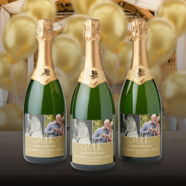 Étiquettes Pour Bouteilles De Vin Mousseux Puis et maintenant 2 Photo 50e anniversaire Mariag (Then And Now 2 Photo 50th Wedding Anniversary Sparkling Wine Label)