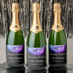 Étiquettes Pour Bouteilles De Vin Mousseux Purple 60e anniversaire Disco Ball 70's