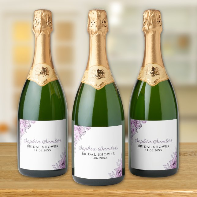 Étiquettes Pour Bouteilles De Vin Mousseux Purple Flower Bridal Shower Party (Créateur téléchargé)