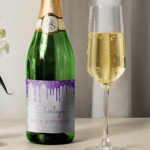 Étiquettes Pour Bouteilles De Vin Mousseux Purple Parties scintillant Drip Argent 90e fête d'