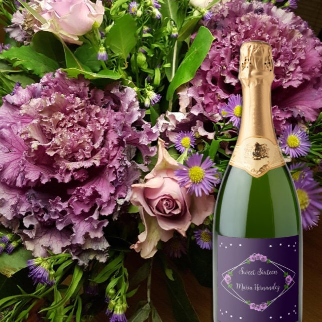 Étiquettes Pour Bouteilles De Vin Mousseux Purple Rose Silver Géométrique Sweet 16 (Créateur téléchargé)