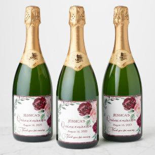 Étiquettes Pour Bouteilles De Vin Mousseux Quinceanera Burgundy Red Floral Sparkling Wine Lab