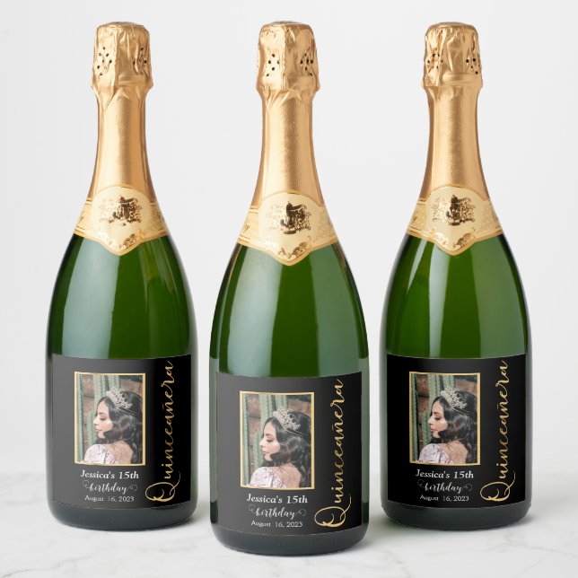 Étiquettes Pour Bouteilles De Vin Mousseux Quinceanera Gold Black Photo Sparkling Wine Label (Bouteilles)