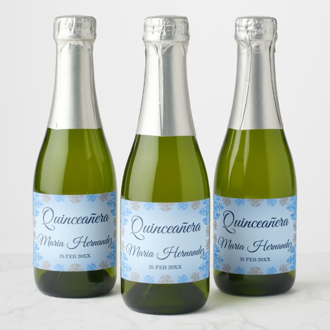 Étiquettes Pour Bouteilles De Vin Mousseux Quinceañera Ice Blue Silver Winter Snowflake (Bouteilles)