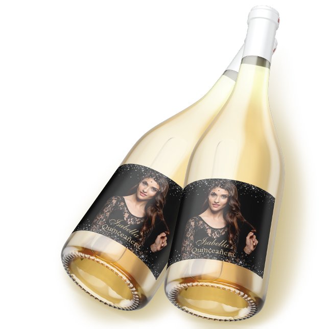 Étiquettes Pour Bouteilles De Vin Mousseux Quinceañera Photo personnalisée Luxe Black Gold (Créateur téléchargé)