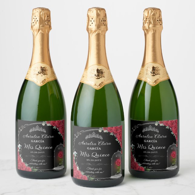 Étiquettes Pour Bouteilles De Vin Mousseux Quinceañera Rouge Floral Enchanté Rose Noir Argent (Bouteilles)