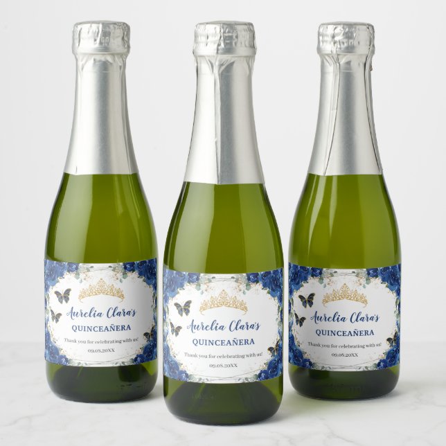 Étiquettes Pour Bouteilles De Vin Mousseux Quinceañera Royal Bleu Floral Papillons Dorés (Bouteilles)