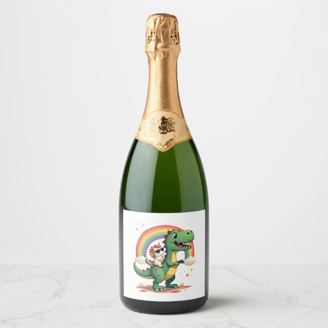 Étiquettes Pour Bouteilles De Vin Mousseux Rainbow Unicorn Riding T rex - Dinosaur Boys Girls (Devant)