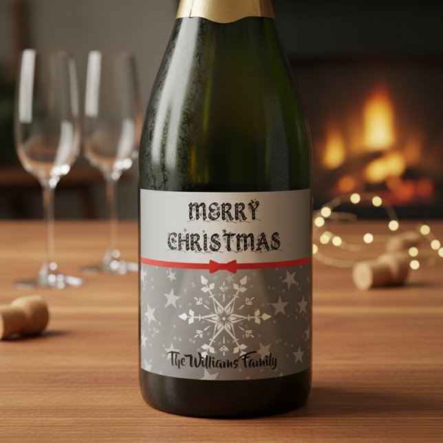 Étiquettes Pour Bouteilles De Vin Mousseux Red Bow & Snowflakes Christmas (Créateur téléchargé)