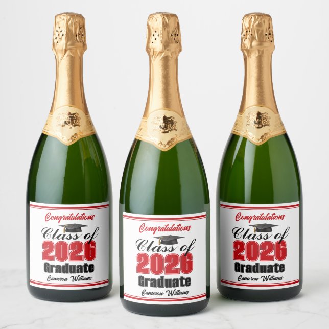 Étiquettes Pour Bouteilles De Vin Mousseux Red Class of 2026 Graduation Party Custom (Bouteilles)
