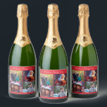 Étiquettes Pour Bouteilles De Vin Mousseux Red Merry Christmas Family Photo<br><div class="desc">Bouteille de vin pétillant de Noël Rouge avec photos et texte changeants - vous pouvez ajouter votre nom de famille et changer des photos,  imprimé sur arrière - plan rouge</div>