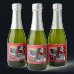 Étiquettes Pour Bouteilles De Vin Mousseux Red Merry Christmas Family Photo<br><div class="desc">Bouteille de vin pétillant de Noël Rouge avec photos et texte changeants - vous pouvez ajouter votre nom de famille et changer des photos,  imprimé sur arrière - plan rouge</div>