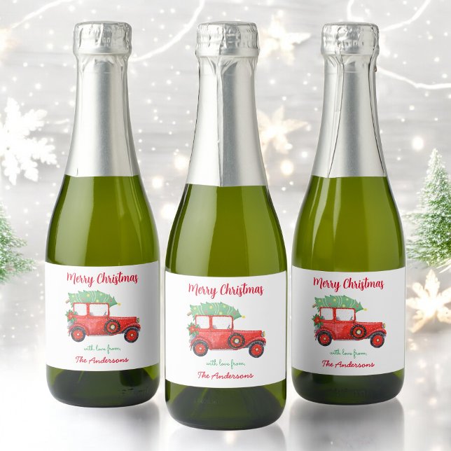 Étiquettes Pour Bouteilles De Vin Mousseux Red Truck Noël Green Tree Holiday (Créateur téléchargé)