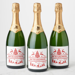 Étiquettes Pour Bouteilles De Vin Mousseux Red White Christmas Nom de famille personnalisé